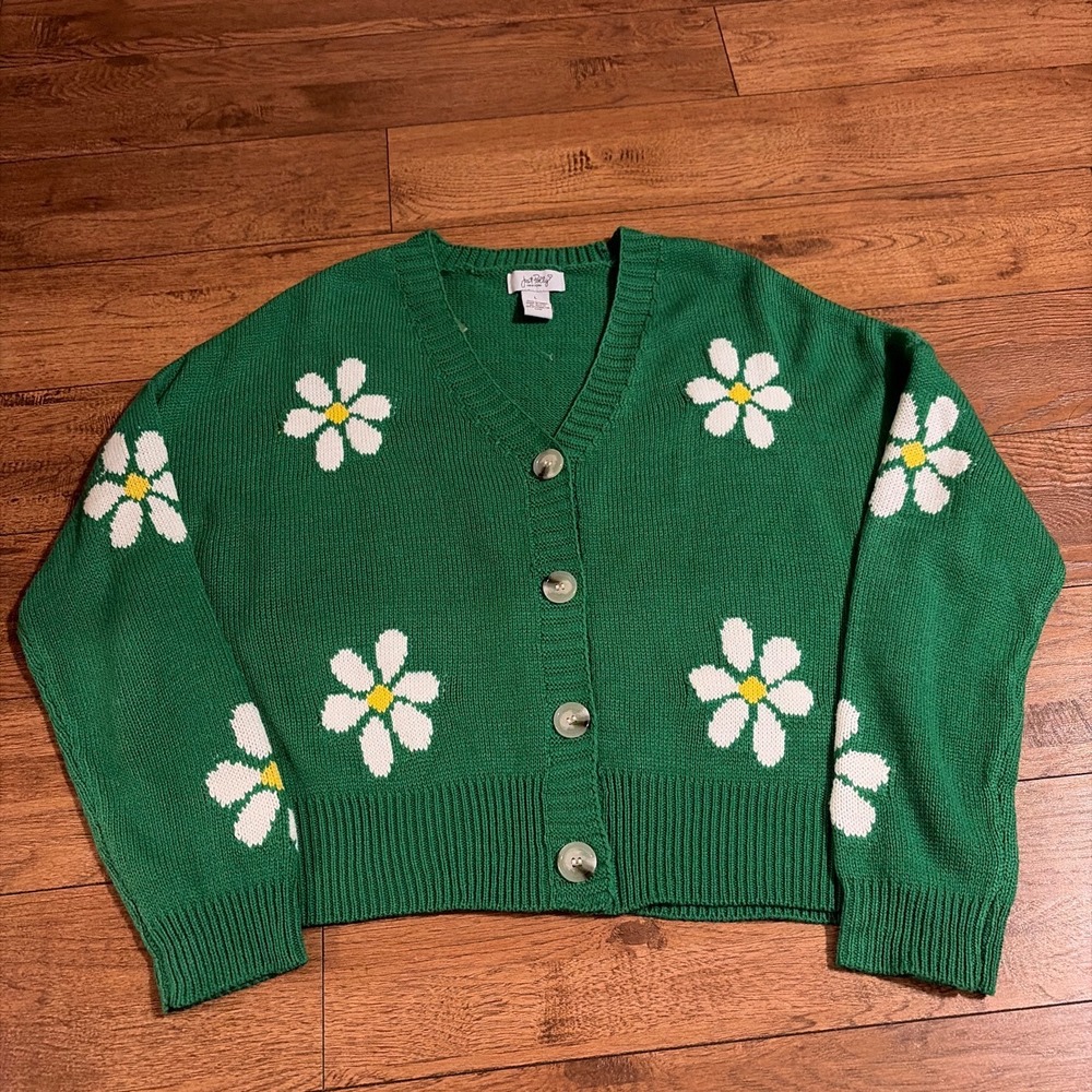 Just Polly New York Green Daisy Floral Button Front Cardigan Sweater Large